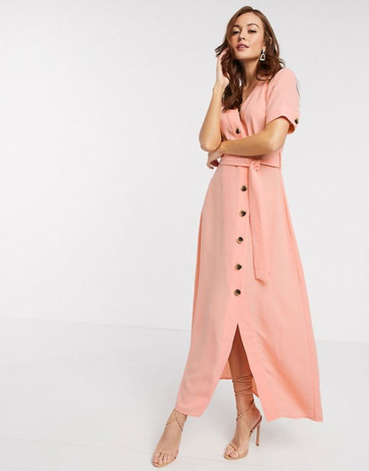 Y.A.S maxi dress with button through and tie waist in coral
