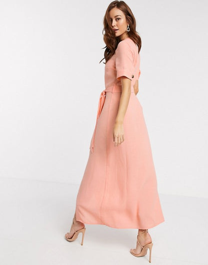 Y.A.S maxi dress with button through and tie waist in coral