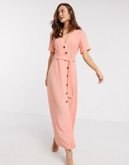 Y.A.S maxi dress with button through and tie waist in coral