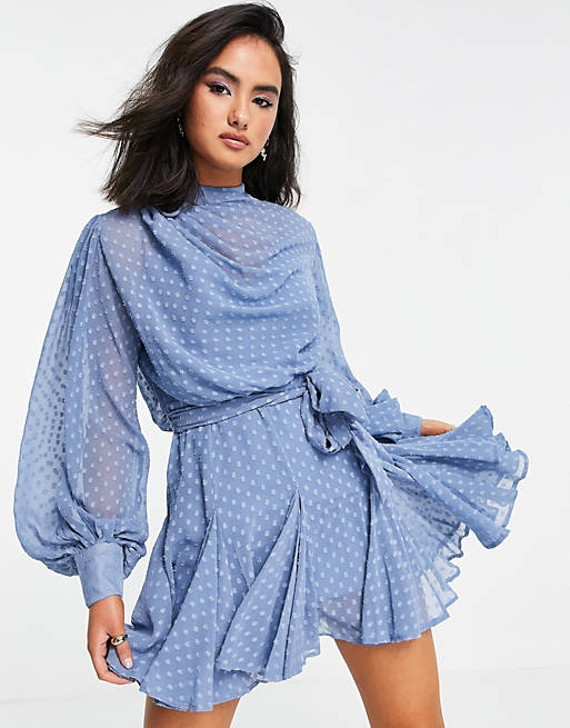 high neck dress of blue color